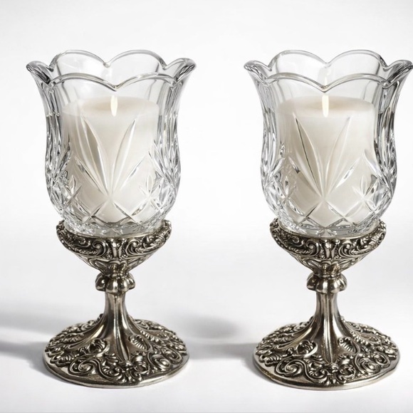 Vintage Godinger 20th Century Baroque Pair Of Crystal Votives Silver Plated